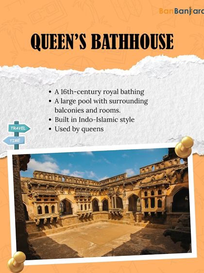 The Queen's Bathhouse, built in an Indo-Islamic style, was a large pool with surrounding balconies where the royal women would bathe.