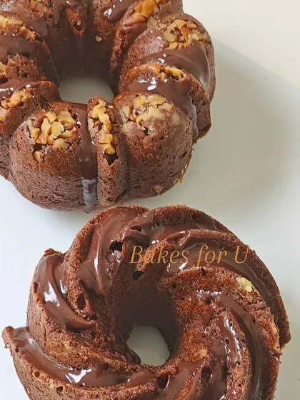 I also make smaller, individual-sized whole wheat Bundt cakes. These two are a banana walnut variety, drizzled with chocolate ganache, perfect for smaller treats or gifts.