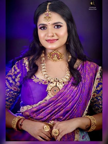 A series of photos featuring a model in a purple saree, wearing our antique temple jewellery. The theme is inspired by Lord Krishna, showing how our jewellery can be used for festive and devotional looks.