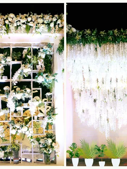 A collage showing the versatility of white florals. From a dense floral shelf to a cascading chandelier of blossoms, I use white flowers in countless ways to create texture and beauty.