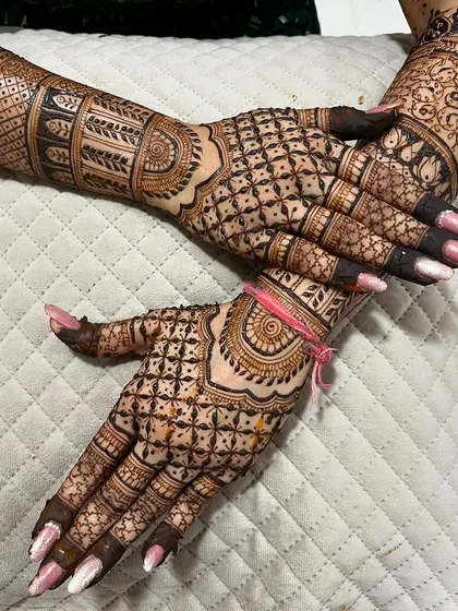 A classic back-hand design with intricate jaali (net) work and bold borders. This style is timeless and elegant, perfect for any occasion.