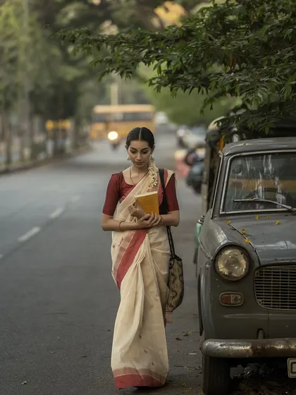 A full-length shot showing the entire look, with the classic car and the quiet street.
