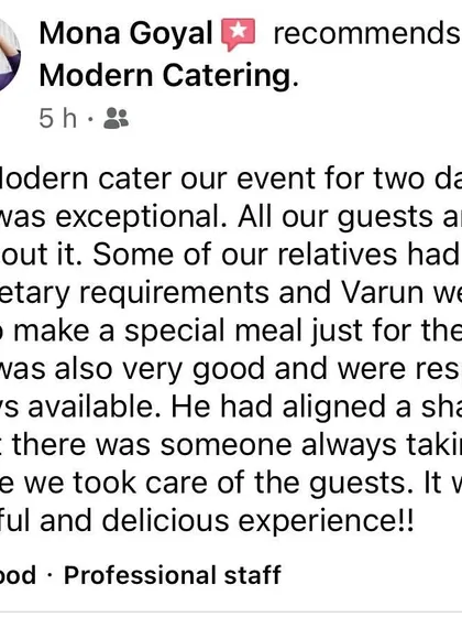 This review from Mona Goyal highlights our commitment to personal service. We were happy to create special meals for guests with dietary needs and assign a "shadow" to ensure the hosts were well taken care of.