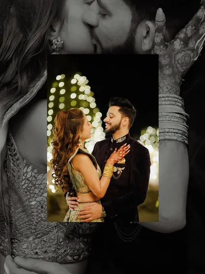 An intimate portrait of a couple gazing at each other, framed by a bokeh of lights, capturing the magic of their evening celebration.