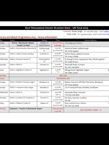 This is the detailed itinerary for our 2025 UK tour. We play ten matches in two weeks, a demanding schedule that tests player fitness and builds the mental toughness required for a career in cricket.