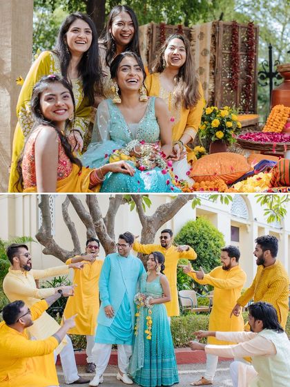 A collage showing the bride's squad and the groom's crew posing for fun, candid group photos.