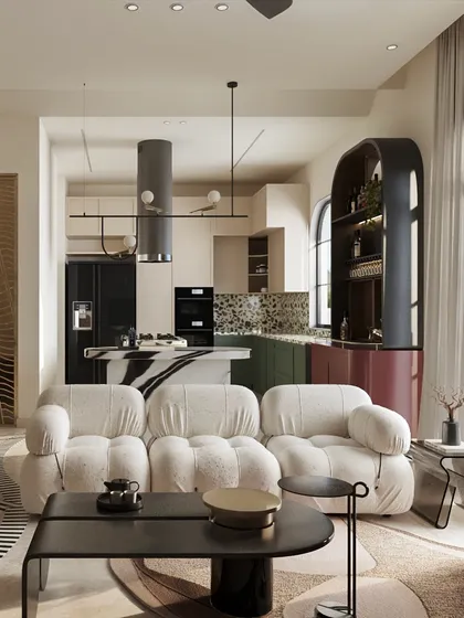 I believe a home should be full of personality. This open-concept space is a celebration of layered expression, blending diverse materials, bold patterns, and striking silhouettes. From the cloud-like sofa to the sculptural bar and dramatic kitchen island, each element tells its own story while contributing to a harmonious, curated, and lively whole.