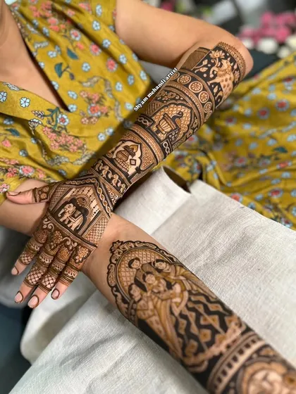 A design that combines a family portrait on one arm with traditional elephant motifs on the other.