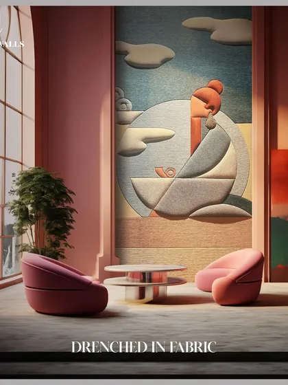 This "Drenched in Fabric" wall panel is a tribute to modern femininity, using soft, layered fabrics to create a colorful and abstract figure. It shows how we can translate your ideas and imagination into a large-scale, textural art piece for your wall.