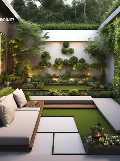 This backyard concept design features a sunken seating area surrounded by lush artificial grass and beautiful landscaping. It's the perfect way to create a cozy, green, and functional outdoor living space.
