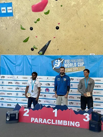 Another proud moment, winning the silver medal for India at the IFSC Paraclimbing World Cup in Salt Lake City. My journey as a competitive athlete deeply influences the quality and spirit of the competitions we create.