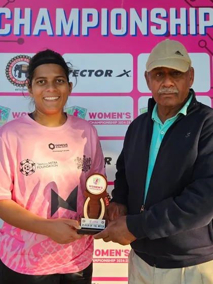 Celebrating individual brilliance within the team. Our player Shruti receives the Player of the Match award for her outstanding performance in the DSA Women's Championship.