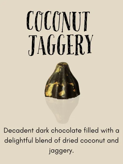 A traditional flavor with a chocolate twist. Our Coconut Jaggery modak has a decadent dark chocolate shell with a classic dried coconut and jaggery filling.