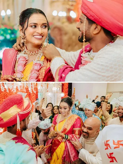 These are the moments that make a wedding so special. The bride and groom sharing a happy moment during their ceremony, with the bride looking absolutely radiant.