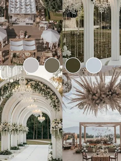 A chic and modern mood board with a neutral color palette of white, grey, and beige, featuring pampas grass and crystal chandeliers.