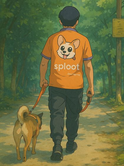 This anime-style artwork shows a walker and his dog on a quiet path, embodying the simple joy and companionship of a walk.