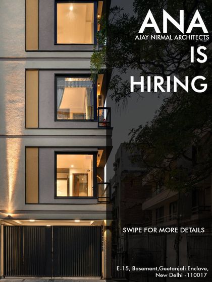 A series of ads from Ajay Nirmal Architects in New Delhi, this one showing the main building facade and inviting applications for roles including Project Architect.
