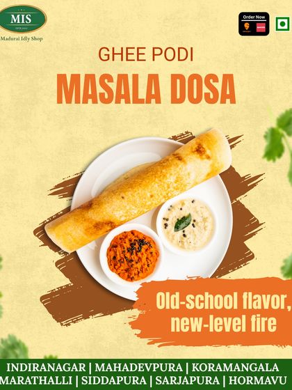 Our Ghee Podi Masala Dosa combines old-school flavor with a new level of fire. The spicy podi adds an unforgettable kick.