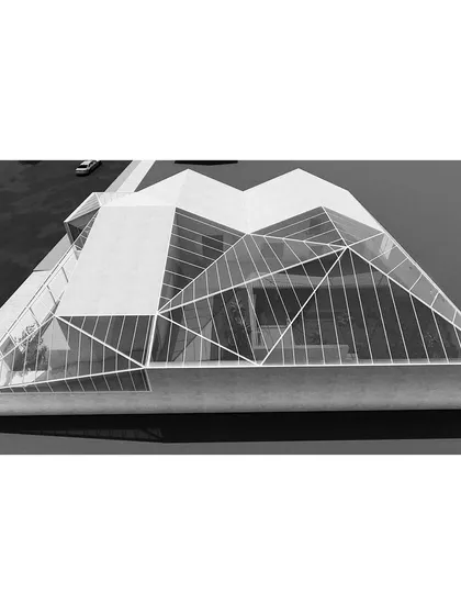 An aerial view of the "House with Three Gables" model, highlighting the geometric complexity of the roof structure. This feature was designed to bring light into the core of the house.