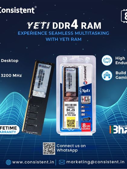 Experience seamless multitasking with our Yeti 8GB DDR4 RAM. This high-endurance memory is built for gaming and demanding desktop use, offering 3200 MHz speed and a lifetime warranty.