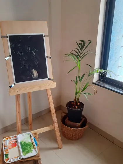 My workspace, where dreams on canvas become reality. This shows a piece in progress on my easel, ready for the next session of work.