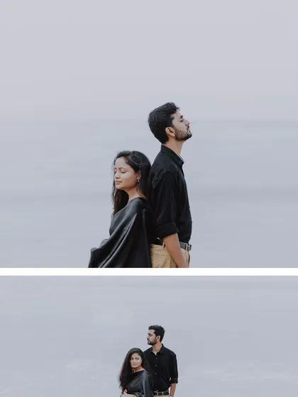 A collage of a couple in black outfits, posing against a serene, minimalist background, creating a moody and artistic feel.