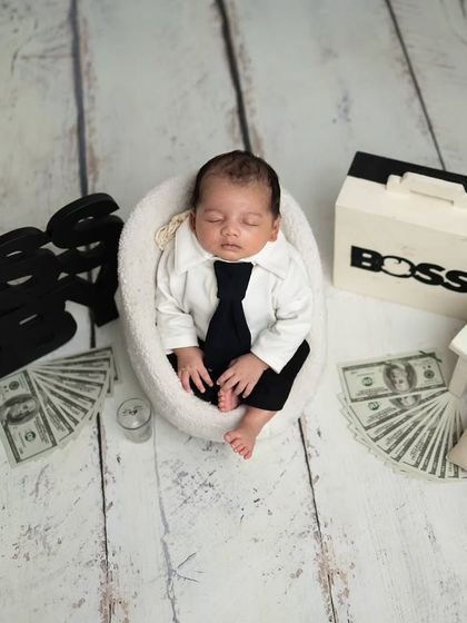 A top-down view of the 'Boss Baby' setup, showing the full arrangement of props that make this theme so much fun.