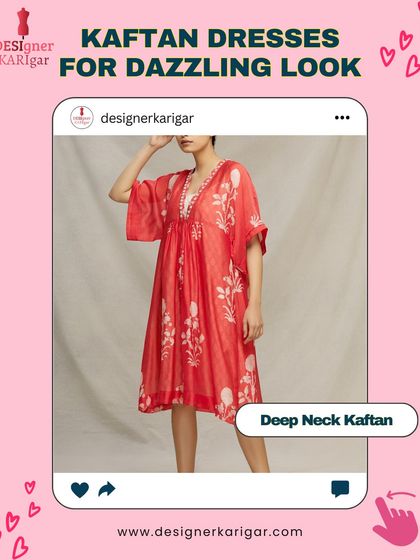 A short, deep-neck kaftan dress in red with white floral prints. This is a perfect choice for a dazzling and comfortable look.