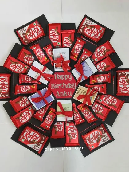 The final layer of the KitKat explosion box, personalized with a "Happy Birthday Anku" message in the center.