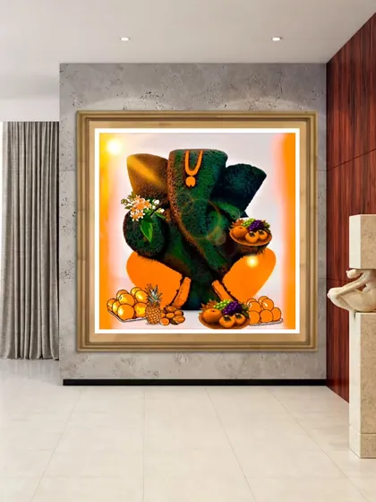 This version of my digital Ganesha artwork features a vibrant green and orange color palette. It's an example of how I can tailor the colors of a digital piece to suit your preferences.