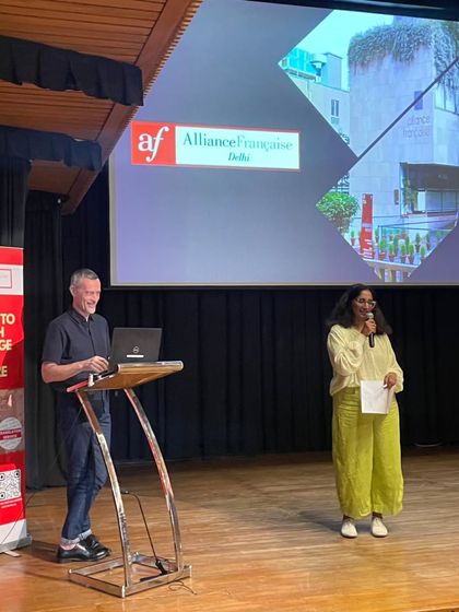 Bienvenue! Our directors welcoming a new batch of students during an interactive orientation session in our auditorium.
