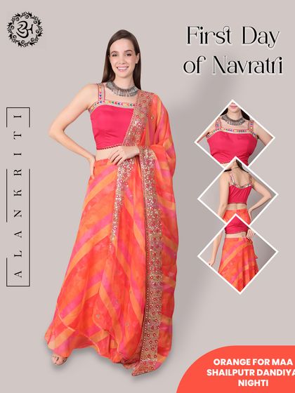 A collage of the orange and pink Navratri outfit, with detailed views of the blouse neckline and back design.