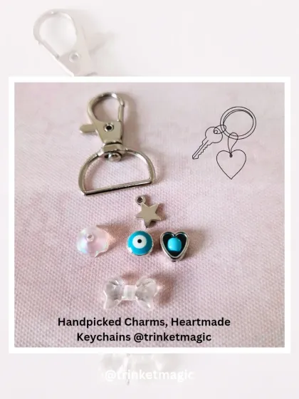 Handpicked charms for a heartmade keychain. This image shows the components of a custom evil eye keychain, including a bow, heart, star, and tulip charm.