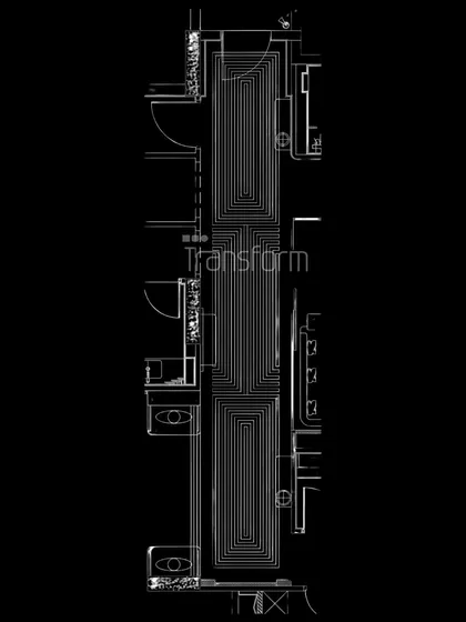 This foyer design, shown here as a blueprint, is a passage through rhythm and reflection. The bold marble lines of the floor plan create a path, while the structure is designed for a harmony between transparency and form, proving that elegance begins at the architectural level.