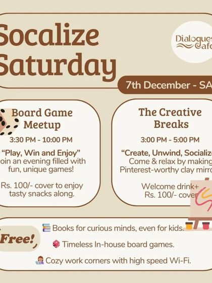 A "Socialize Saturday" flyer promoting a creative clay mirror workshop and board games, perfect for a festive weekend.