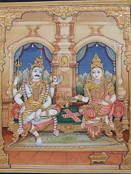 A full view of the Shiva and Parvati painting, framed to highlight the exquisite detail and artistic flair of this unique masterpiece.