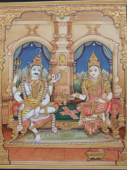 A full view of the Shiva and Parvati painting, framed to highlight the exquisite detail and artistic flair of this unique masterpiece.