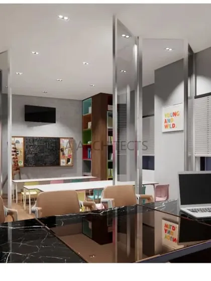 Another view of the SIP Abacus office design, showing the balance between the professional workspace for staff and the vibrant, engaging atmosphere for students.