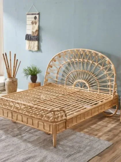 We prove that rattan can be both strong and elegant with our handcrafted bed frames. This piece features an intricate, sunburst-style headboard, offering a lightweight, breathable, and sustainable alternative to traditional beds, perfect for creating a serene, nature-inspired bedroom.