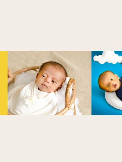 This triptych displays the versatility of a newborn session, showing the same baby in three different setups: a vibrant yellow wrap, a classic white wrap, and a whimsical blue moon-and-stars theme.