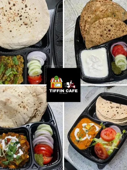 This collage showcases the variety of my daily tiffin service. You can see different sabzis like mixed vegetables and paneer curry, along with both roti and paratha options.