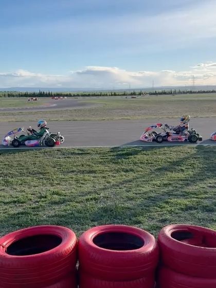A pack of karts during a practice session at the Zuera circuit.