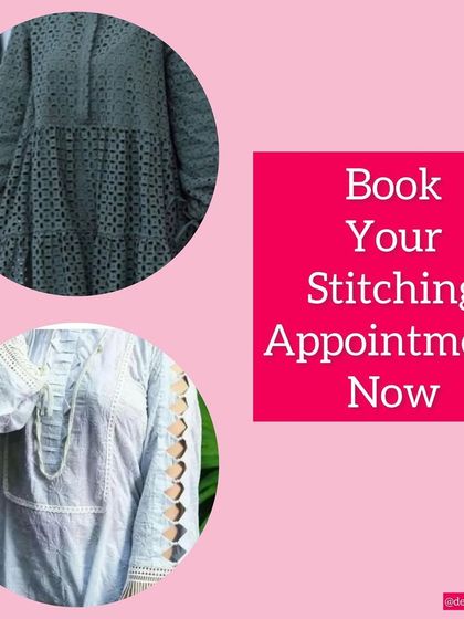 Book your stitching appointment for custom kurtis. This image shows two different styles with unique sleeve and neckline details that we can tailor for you.