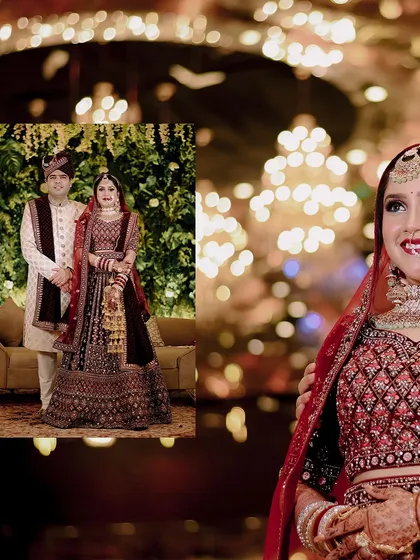 This collage combines a full-length couple portrait with a close-up of the bride's happy face, set against a beautiful bokeh background. It captures both the grand look and the intimate emotion.