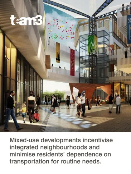 This image highlights our philosophy that mixed-use developments create integrated neighborhoods. They minimize residents' dependence on transportation for routine needs, fostering a more connected and convenient lifestyle.