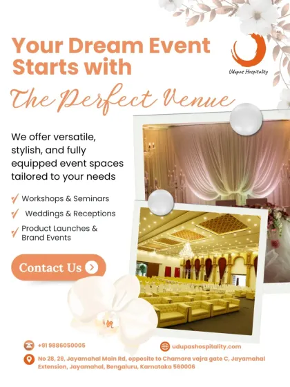 Your dream event starts with the perfect venue. This image showcases our elegant banquet halls and highlights our expertise in hosting workshops, weddings, and product launches.