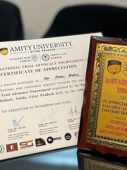 The Certificate of Appreciation and plaque I received for judging the 3rd Amity National Trial Advocacy Tournament. These recognitions from my alma mater are very meaningful to me.