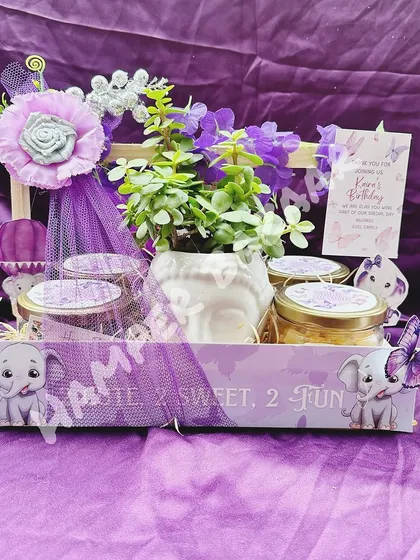 A gorgeous lavender-themed hamper for Kaira's second birthday, featuring butterflies and baby elephants.