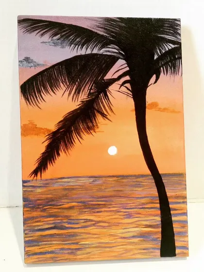 A painting of a sunset over the ocean with a silhouetted palm tree. I really enjoyed blending the orange and purple tones in the sky and water.
