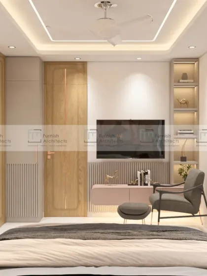 This compact bedroom design maximizes space and style. A cozy reading chair sits next to a TV unit with an integrated bookshelf, while the wooden wardrobe adds warmth to the neutral color scheme.